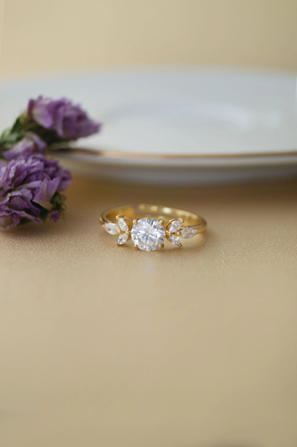 Ornate Solitaire Rose Gold Plated Sterling Silver Adjustable Ring