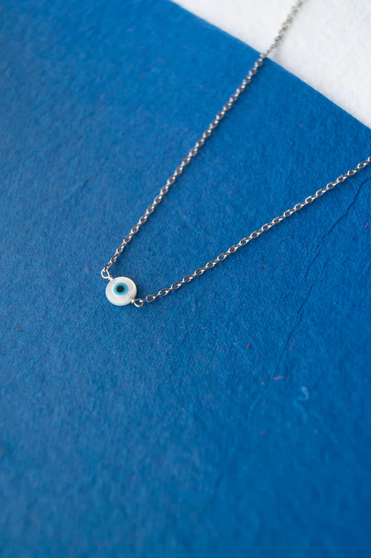 Evil Eye Mother-Of-Pearl Delicate Sterling Silver Pendant Chain Necklace
