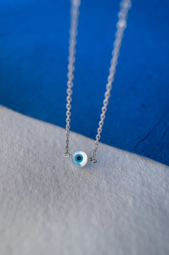 Evil Eye Mother-Of-Pearl Delicate Sterling Silver Pendant Chain Necklace