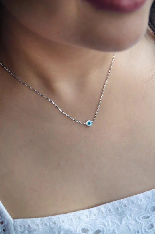 Evil Eye Mother-Of-Pearl Delicate Sterling Silver Pendant Chain Necklace