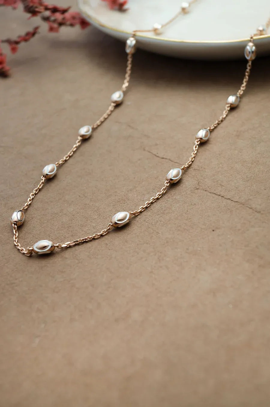 Oval Balls Cutting Eye Two Tone Rose Gold Plated Sterling Silver Chain