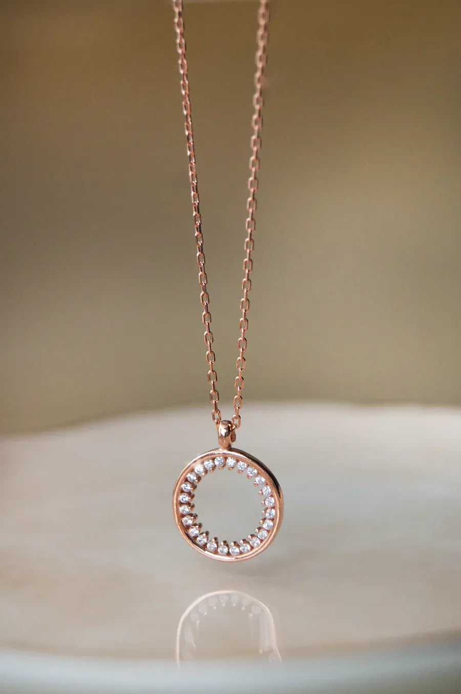 Sparkling Circle Rose Gold Plated Sterling Silver Pendant With Chain