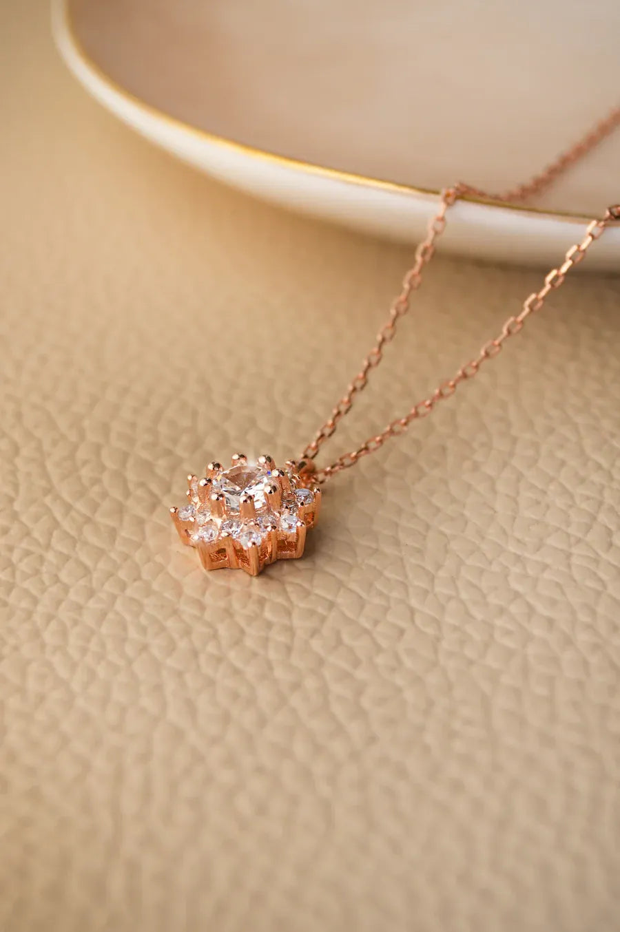 Floral Solitaire Rose Gold Plated Sterling Silver Pendant With Chain