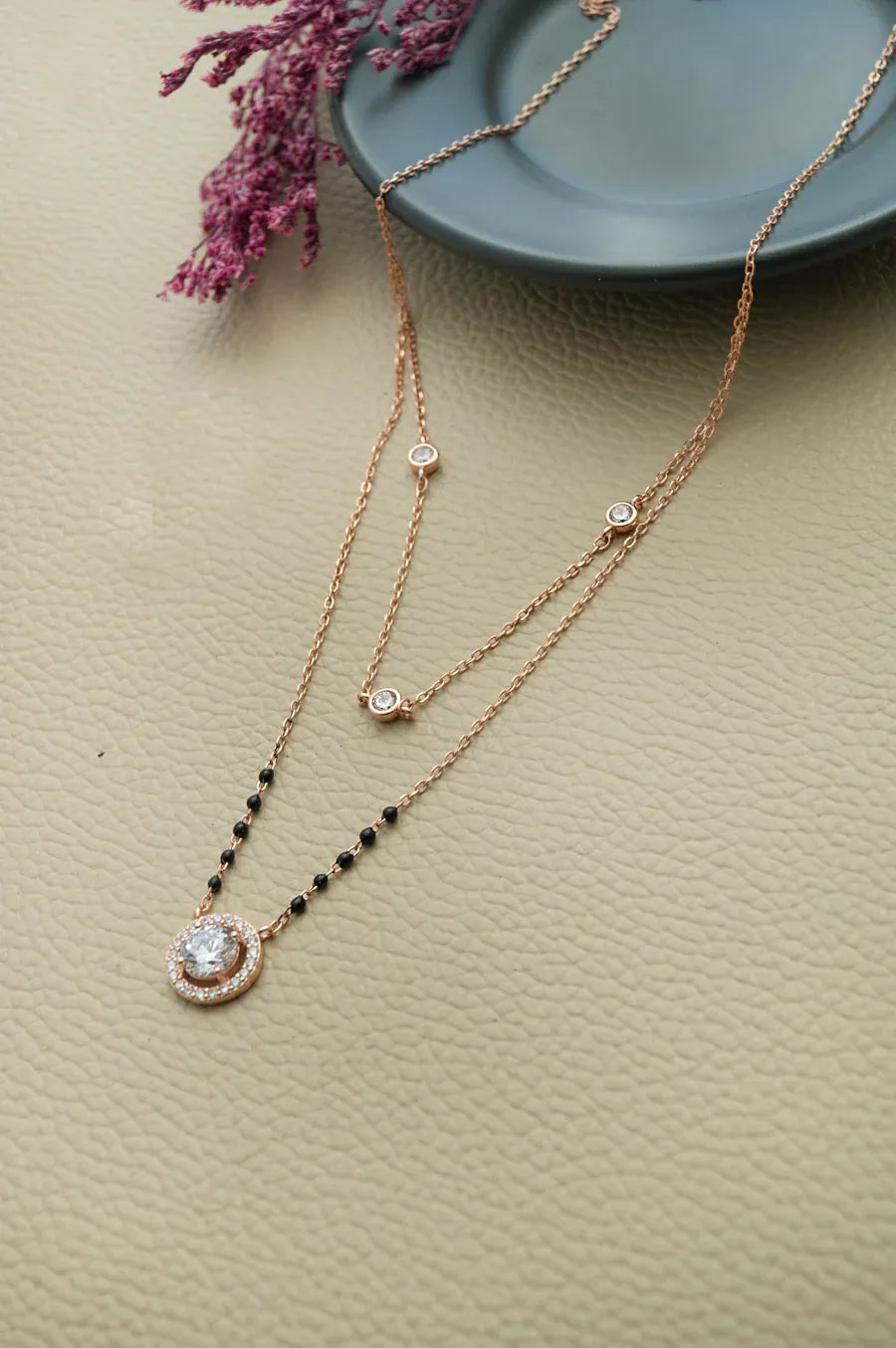 Sparkling Solitaire Multilayer Rose Gold Plated Sterling Silver Mangalsutra Necklace Set