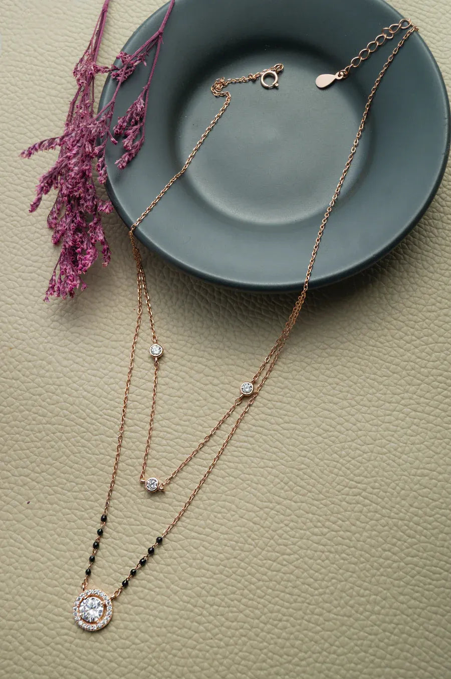 Sparkling Solitaire Multilayer Rose Gold Plated Sterling Silver Mangalsutra Necklace Set