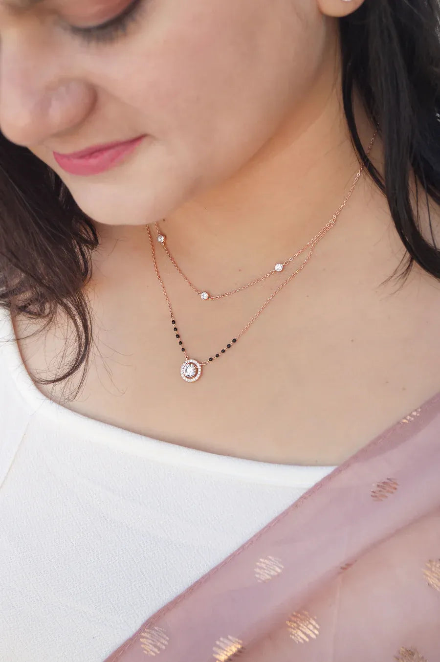 Sparkling Solitaire Multilayer Rose Gold Plated Sterling Silver Mangalsutra Necklace Set