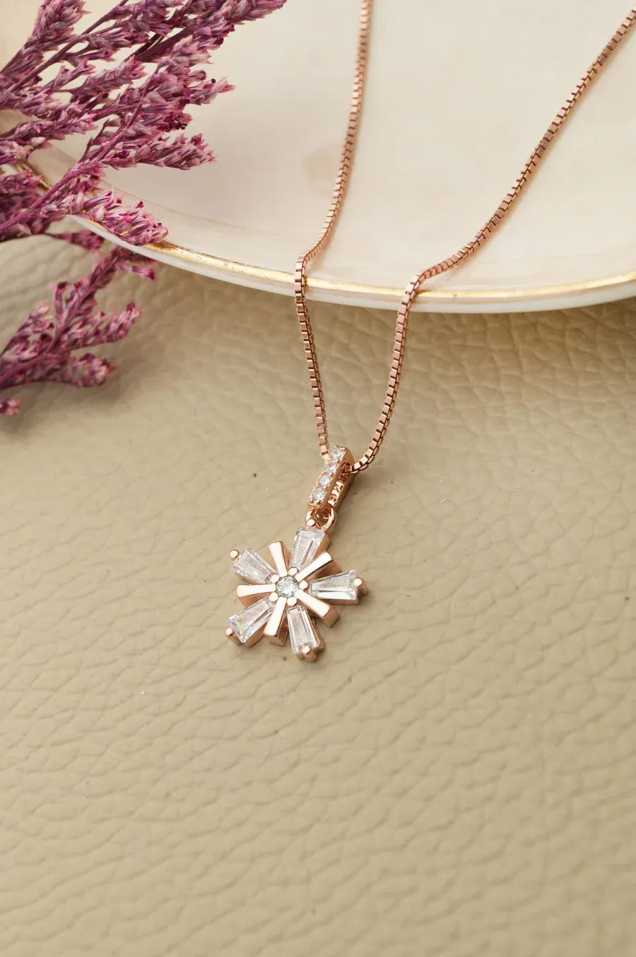 Star Burst Flower Rose Gold Plated Sterling Silver Pendant