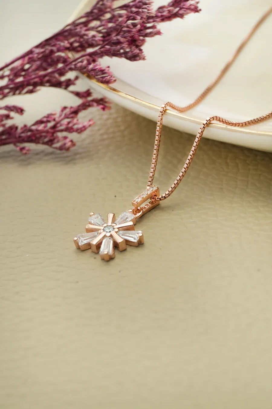 Star Burst Flower Rose Gold Plated Sterling Silver Pendant