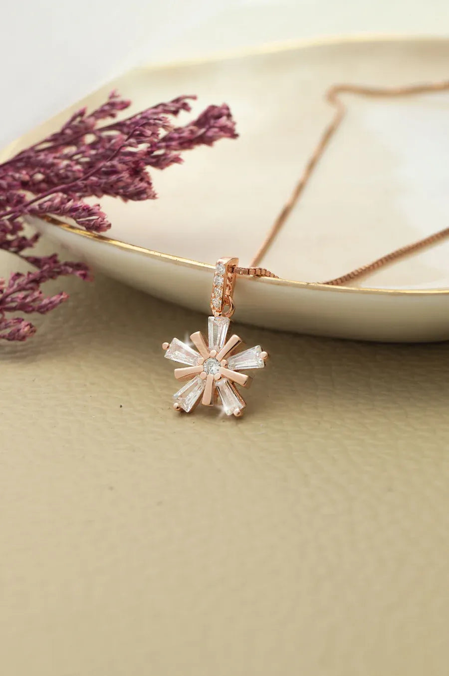 Star Burst Flower Rose Gold Plated Sterling Silver Pendant