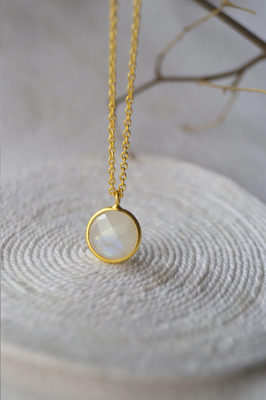 Rainbow Moon Stone Coin Gold Plated Sterling Silver Pendant Necklace