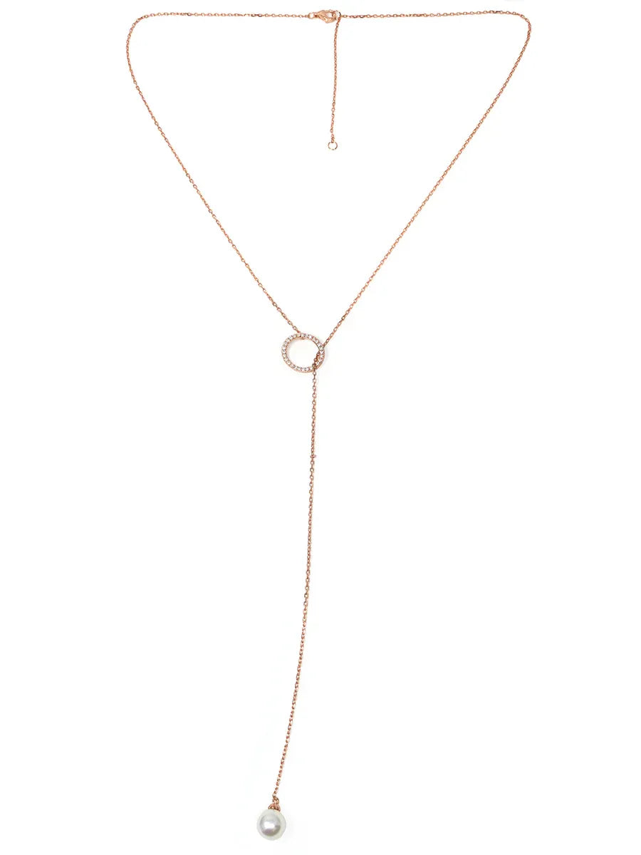 Adjustable Pearl With Circle Rose Gold Plated Sterling Silver Lariat Necklace