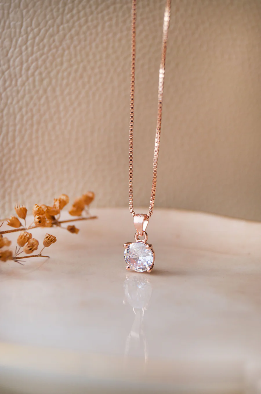 Classic Solitaire Rose Gold Plated Sterling Silver Pendant With Chain