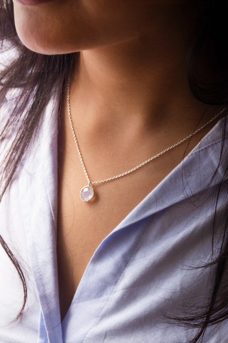 Rainbow Moon Stone Coin Gold Plated Sterling Silver Pendant Necklace