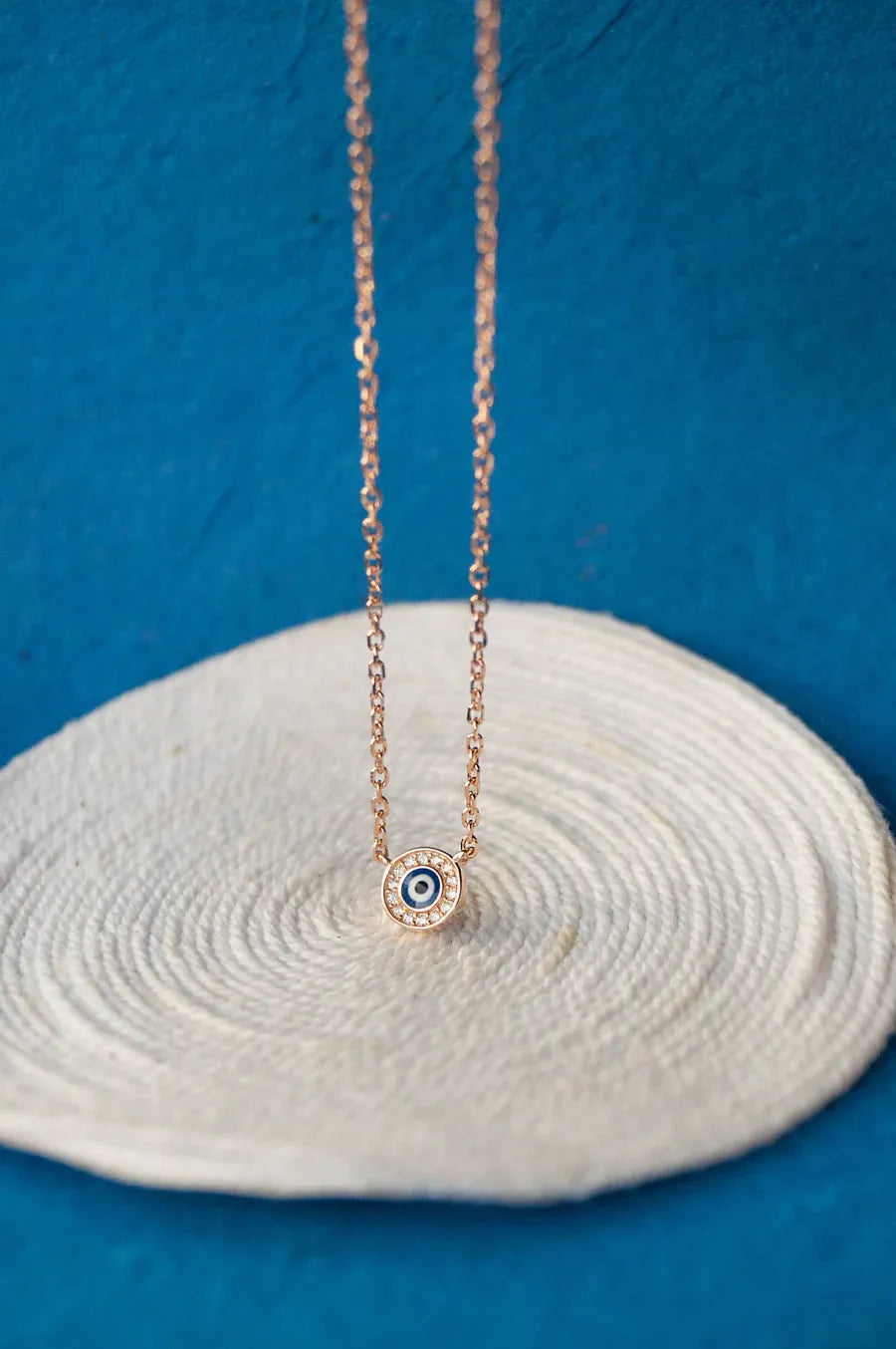 Evil Eye Round Hand-Painted Delicate Rose Gold Plated Sterling Silver Chain Necklace