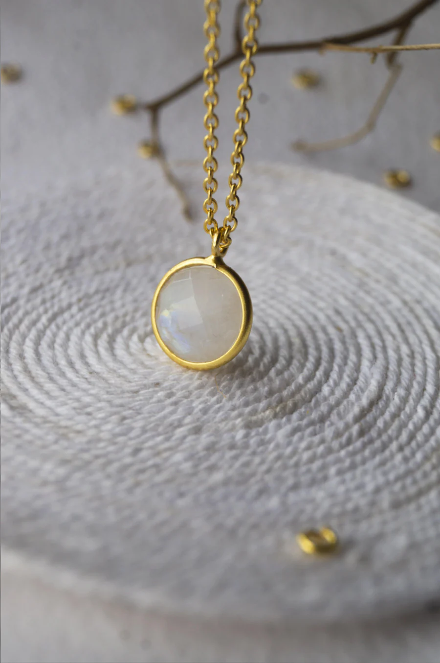 Rainbow Moon Stone Coin Gold Plated Sterling Silver Pendant Necklace