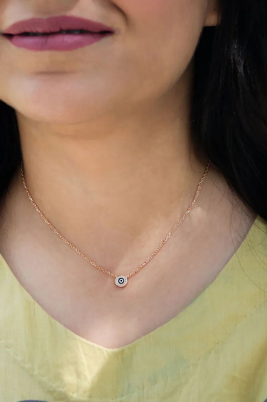 Evil Eye Round Hand-Painted Delicate Rose Gold Plated Sterling Silver Chain Necklace