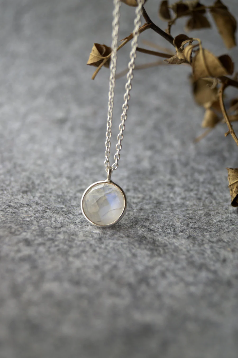 Rainbow Moon Stone Coin Gold Plated Sterling Silver Pendant Necklace