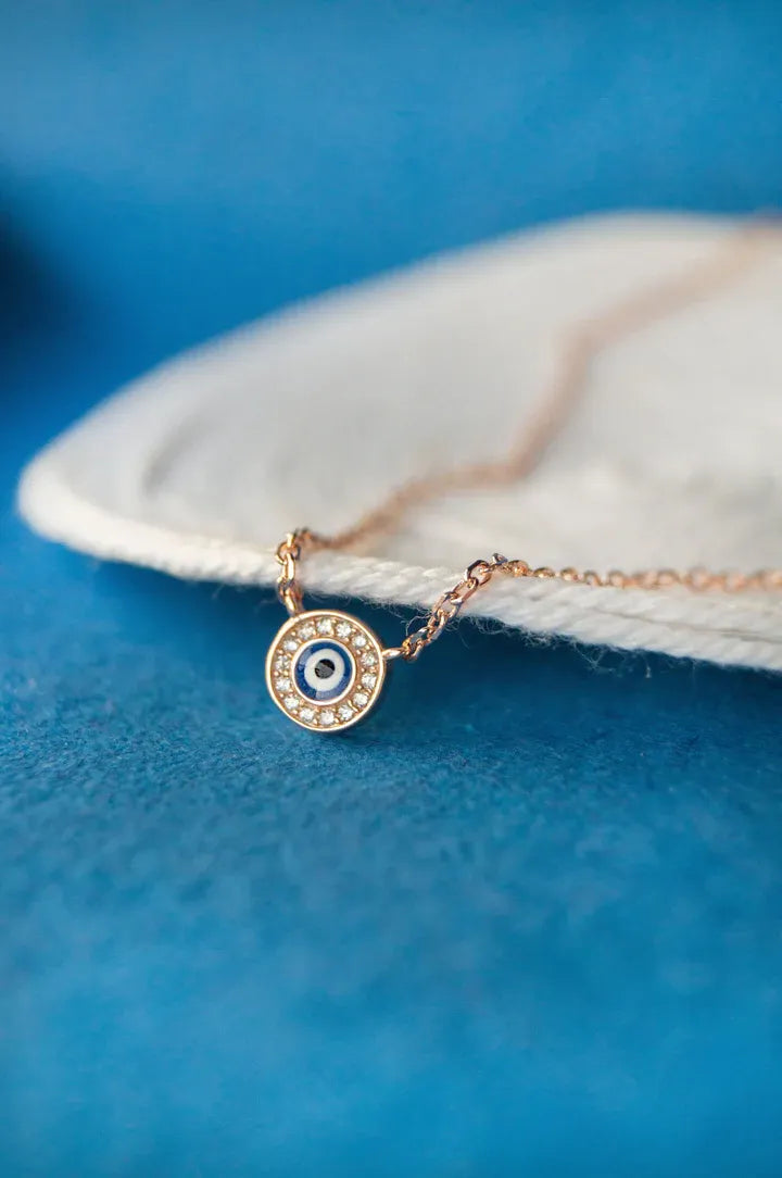 Evil Eye Round Hand-Painted Delicate Rose Gold Plated Sterling Silver Chain Necklace