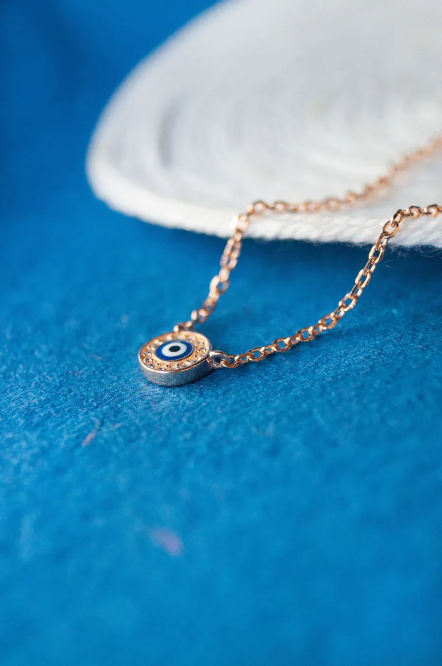 Evil Eye Round Hand-Painted Delicate Rose Gold Plated Sterling Silver Chain Necklace